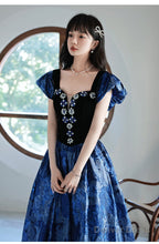 Blue Floral Satin Sweetheart Floor Length Prom Dress, Blue Satin Prom Dress