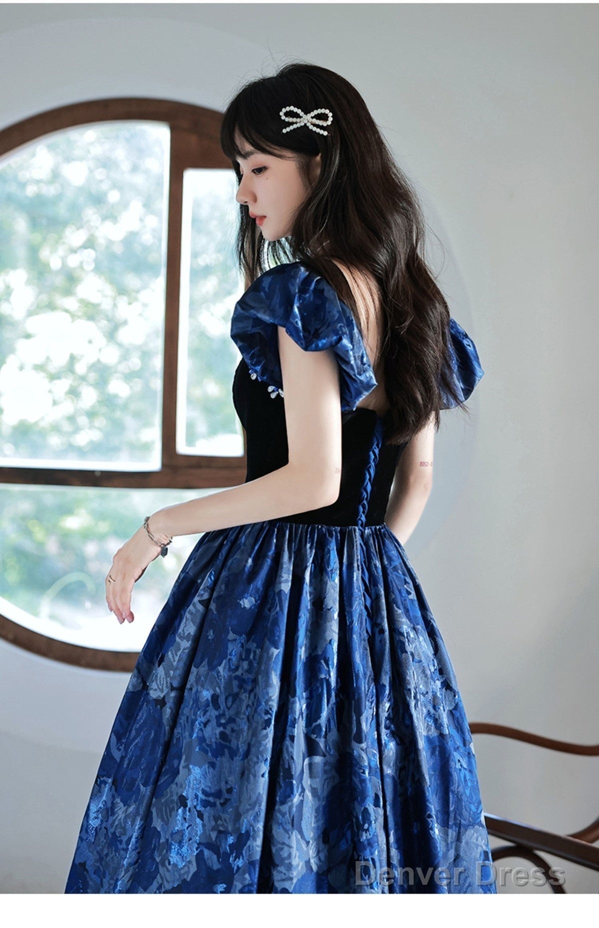 Blue Floral Satin Sweetheart Floor Length Prom Dress, Blue Satin Prom Dress