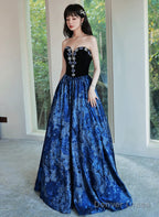 Blue Floral Satin Sweetheart Floor Length Prom Dress, Blue Satin Prom Dress
