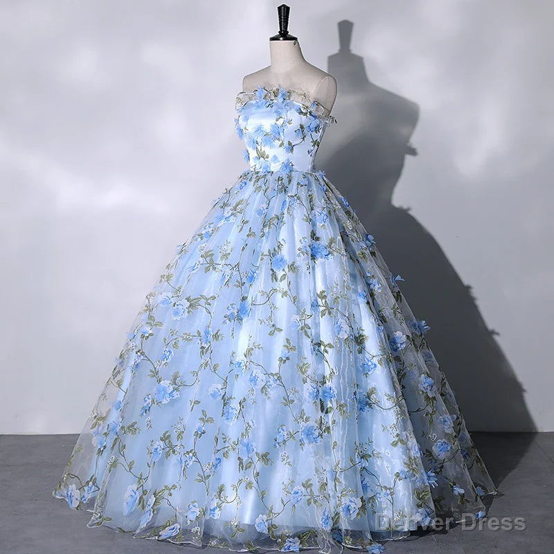 Blue Floral Sweetheart Floor Length Formal Dresses, Blue Long Party Dresses Secondary image