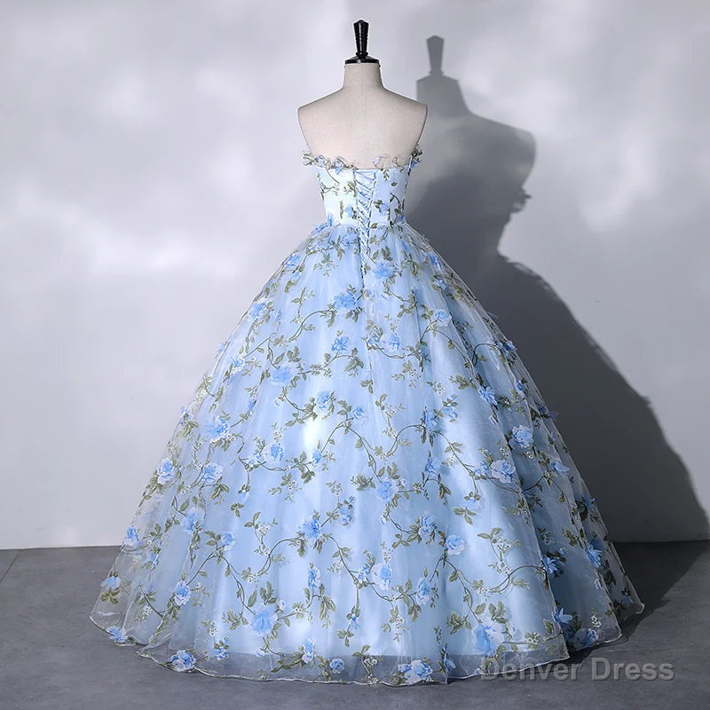 Blue Floral Sweetheart Floor Length Prom Dress, Blue Long Prom Dresses