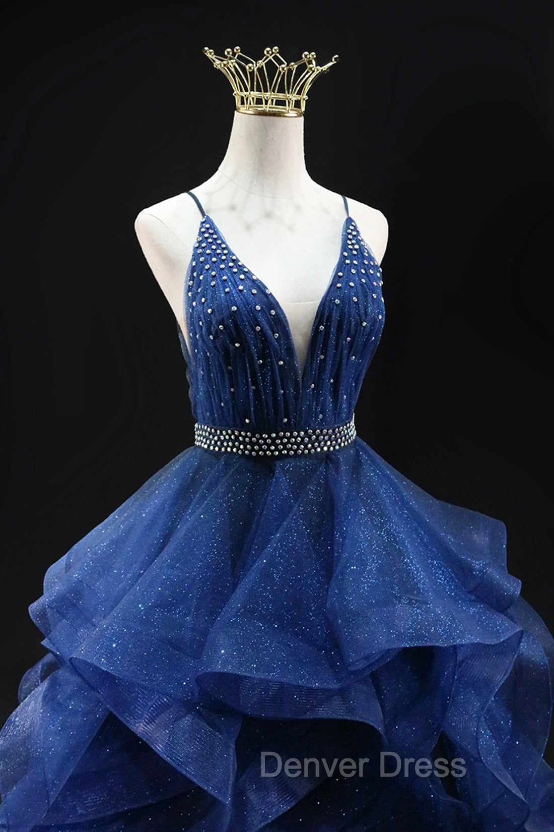 Blue Glitter Tulle Long A Line Prom Dress, V Neck Spaghetti Strap Backless Prom Dresses Secondary image