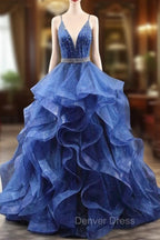 Blue Glitter Tulle Long A-Line Prom Dresses, V-Neck Spaghetti Strap Backless Evening Party Dresses