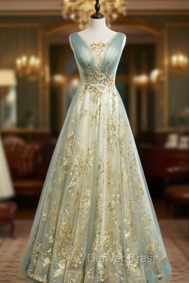 Blue Gold Tulle Sequins V-neck Pleats Prom Dresses Main image