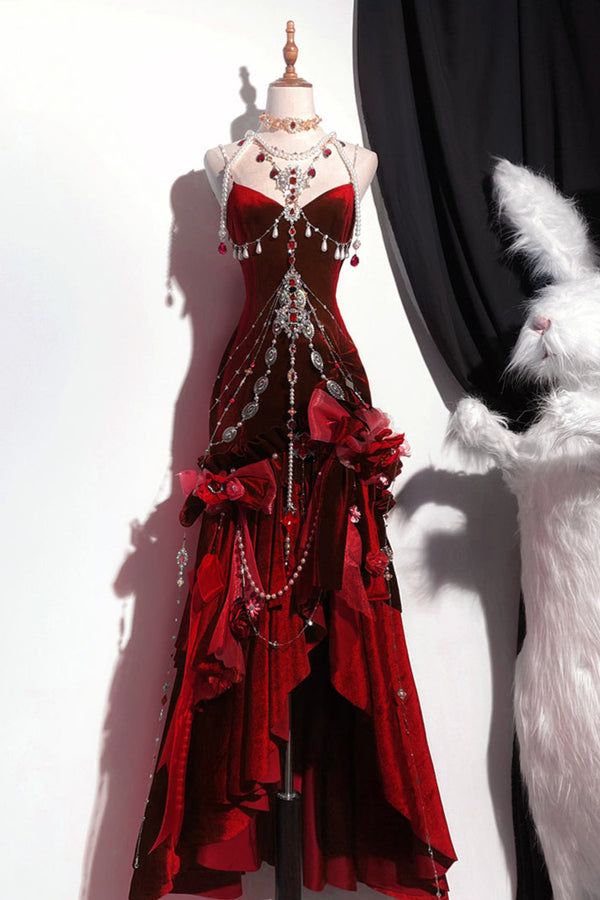 Blue/Burgundy Gorgeous Elegant Delicate Beaded Spaghetti Strap Long Ruffled Velvet Ball Gowns Prom Gowns Prom Dresses Secondary image