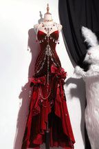 Blue/Burgundy Gorgeous Elegant Delicate Beaded Spaghetti Strap Long Ruffled Velvet Ball Gowns Prom Gowns Prom Dresses