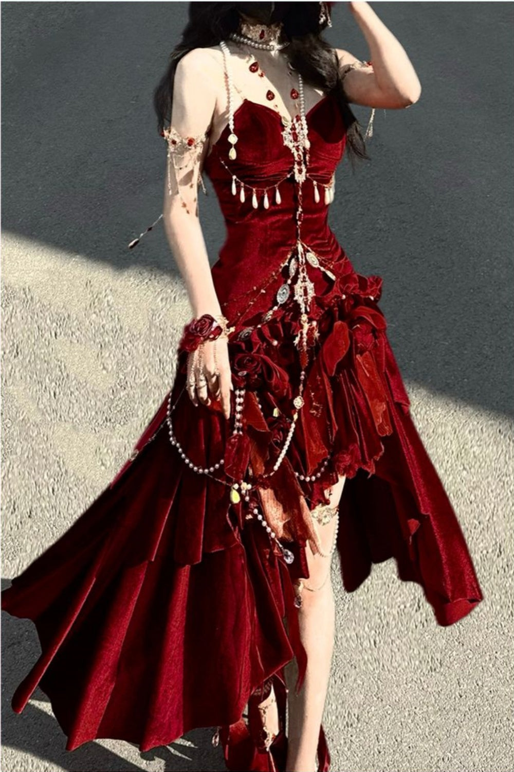 Blue/Burgundy Gorgeous Elegant Delicate Beaded Spaghetti Strap Long Ruffled Velvet Ball Gowns Prom Gowns Prom Dresses
