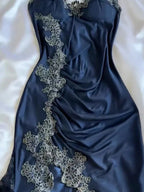 Blue Gorgeous Exquisite Applique Lace Spaghetti Straps Long Satin Prom Dress Prom Dress