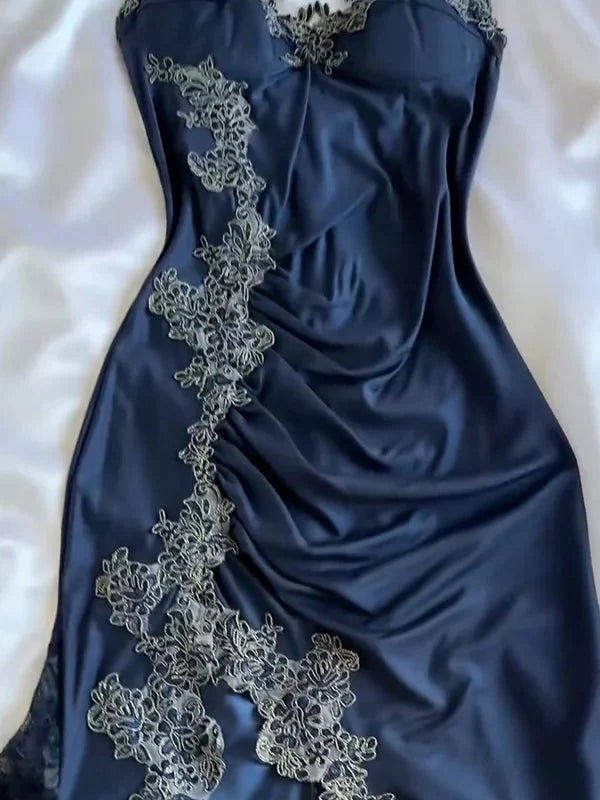 Blue Gorgeous Exquisite Applique Lace Spaghetti Straps Long Satin Prom Dress Prom Dress