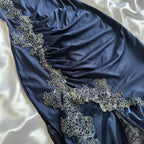 Blue Gorgeous Exquisite Applique Lace Spaghetti Straps Long Satin Prom Dress Prom Dress