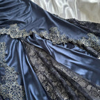 Blue Gorgeous Exquisite Applique Lace Spaghetti Straps Long Satin Prom Dress Prom Dress