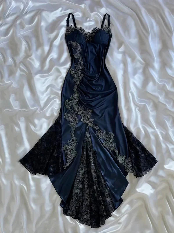 Blue Gorgeous Exquisite Applique Lace Spaghetti Straps Long Satin Prom Dress Prom Dress Main image