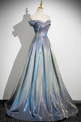 Blue Gradient A-Line Floor Length Prom Dress, Blue Off The Shoulder Evening Party Dress
