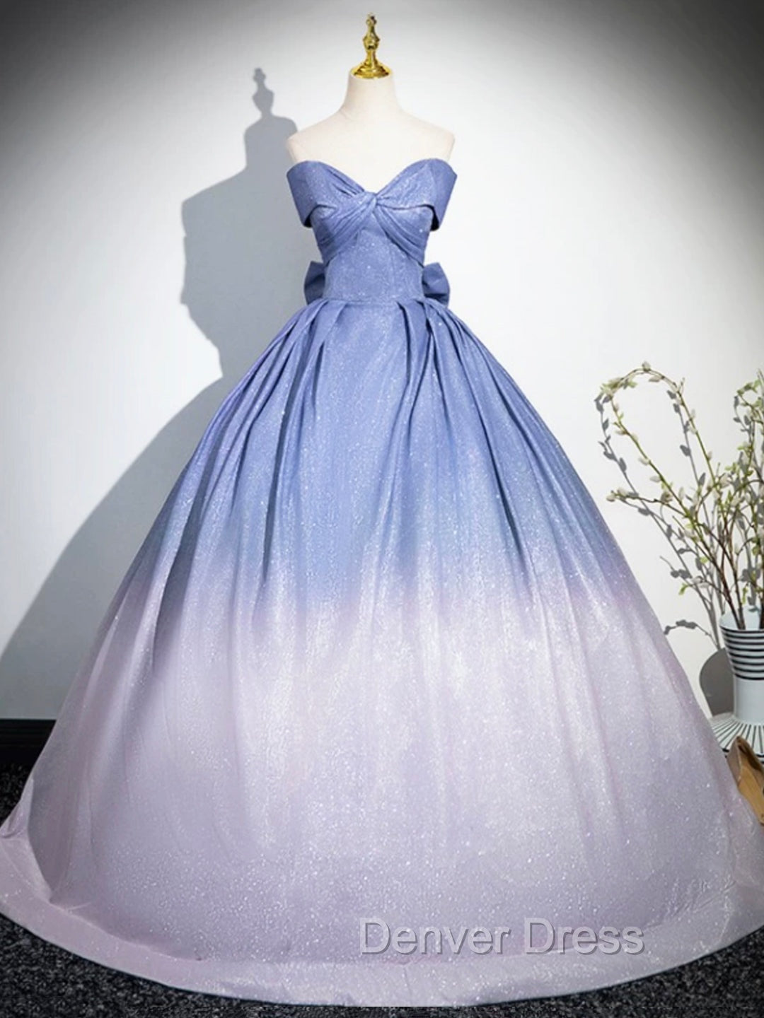 Blue Gradient-Color Glitter Sequins Prom Dresses, A-Line Off-The-Shoulder Blue Princess Formal Dresses