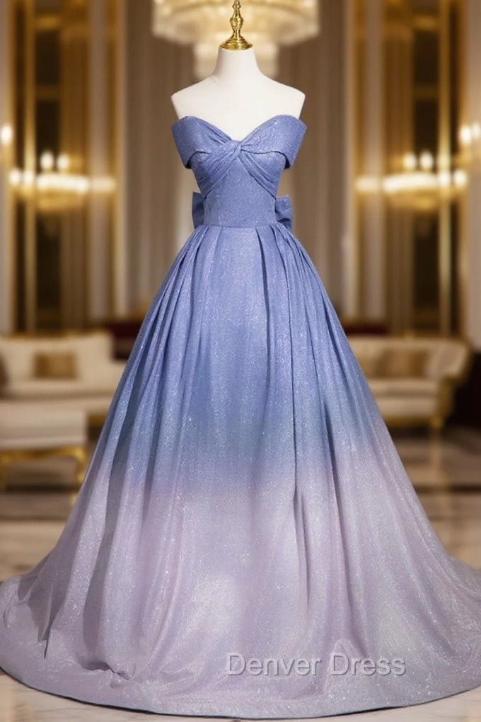 Blue Gradient Color Glitter Sequins Prom Dress, A Line Off The Shoulder Blue Princess Prom Dresses Main image