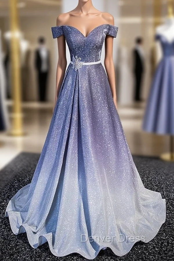Blue Gradient Off the Shoulder Prom Dresses
