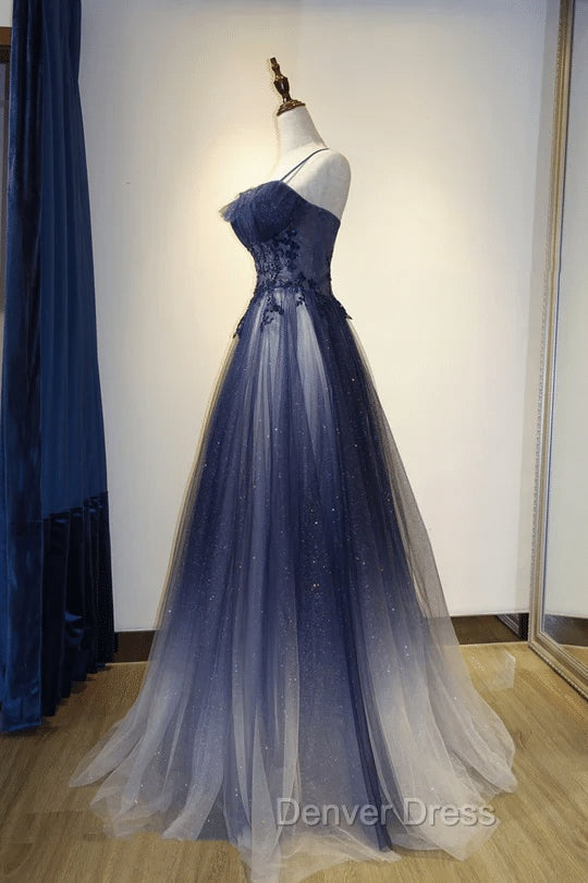 Blue Gradient Straps Tulle Long Party Dresses with Lace Blue Junior Prom Dresses prom Dresses shops Secondary image