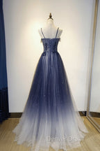 Blue Gradient Straps Tulle Long Party Dresses with Lace Blue Junior Prom Dresses prom Dresses shops
