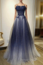 Blue Gradient Straps Tulle Long Party Dresses with Lace Blue Junior Prom Dresses prom Dresses shops