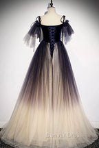 Blue Gradient Tulle Long Prom Dress, Off the Shoulder Prom Graduation Dresses