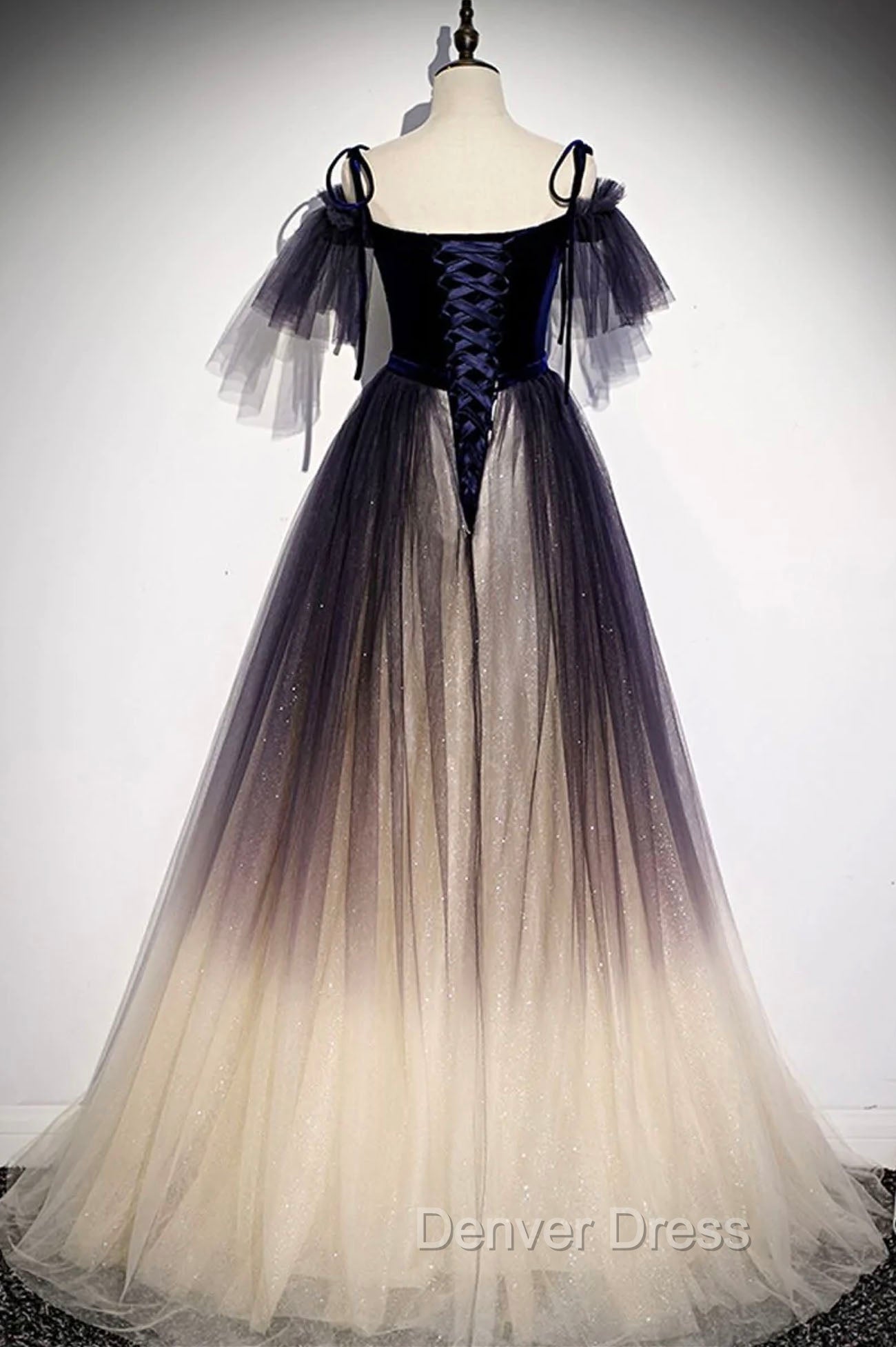 Blue Gradient Tulle Long Prom Dress, Off the Shoulder Prom Graduation Dresses