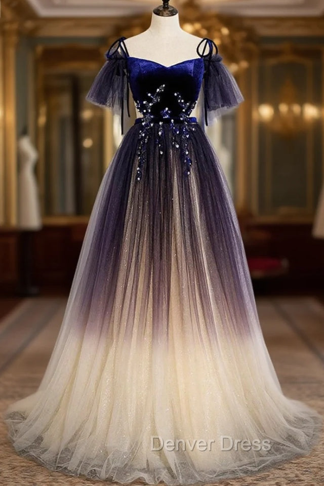 Blue Gradient Tulle Long Prom Dress, Off the Shoulder Prom Graduation Dresses