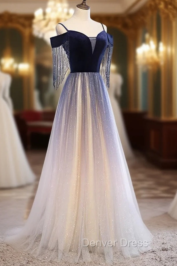 Blue Gradient Tulle Long Party Dresses,A-line Off Shoulder Formal Dresses Secondary image