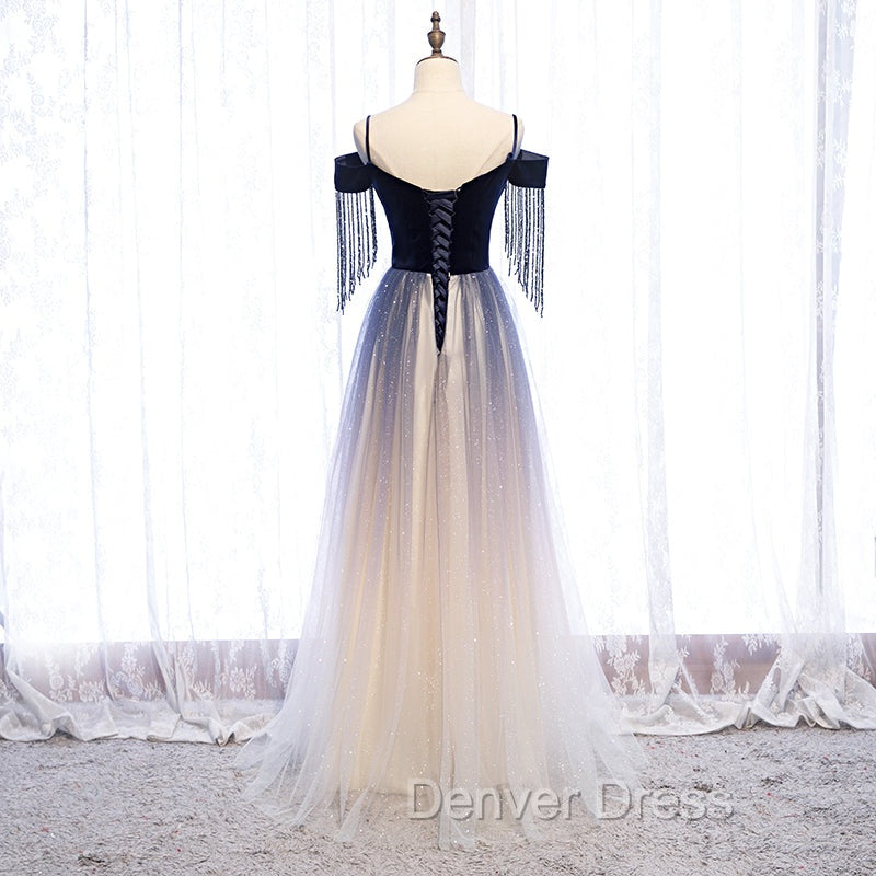 Blue Gradient Tulle Long Party Dresses,A-line Off Shoulder Formal Dresses