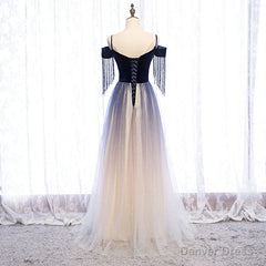 Blue Gradient Tulle Long Party Dresses,A-line Off Shoulder Formal Dresses