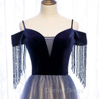 Blue Gradient Tulle Long Party Dresses,A-line Off Shoulder Formal Dresses