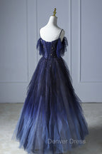 Blue Gradient Tulle Long Prom Dresses, Spaghetti Strap Evening Dresses