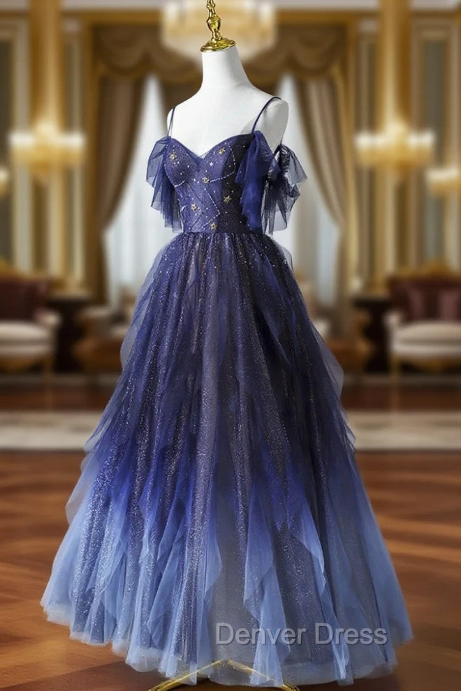 Blue Gradient Tulle Long Prom Dresses, Spaghetti Strap Evening Dresses Main image