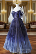 Blue Gradient Tulle Long Prom Dresses, Spaghetti Strap Evening Dresses