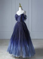 Blue Gradient Tulle Straps Beading Prom Dress