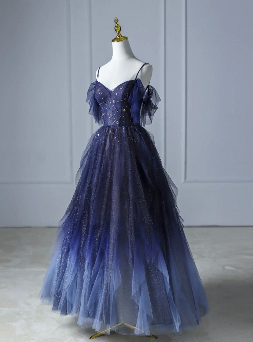 Blue Gradient Tulle Straps Beading Prom Dress