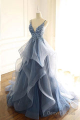 Blue Gray Lace V Neck Long Ruffles Prom Dress Organza Evening Dress
