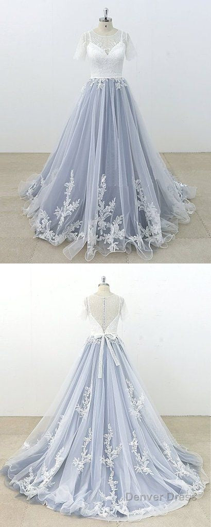Blue Gray Tulle Ivory Lace Short Sleeve Beach Wedding Dress, Long Pageant Prom Dresses