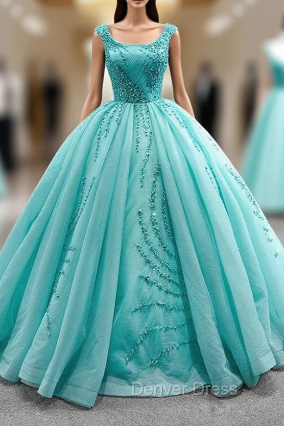 Blue Green Tulle Pleats Beading Pearls Prom Dresses Main image
