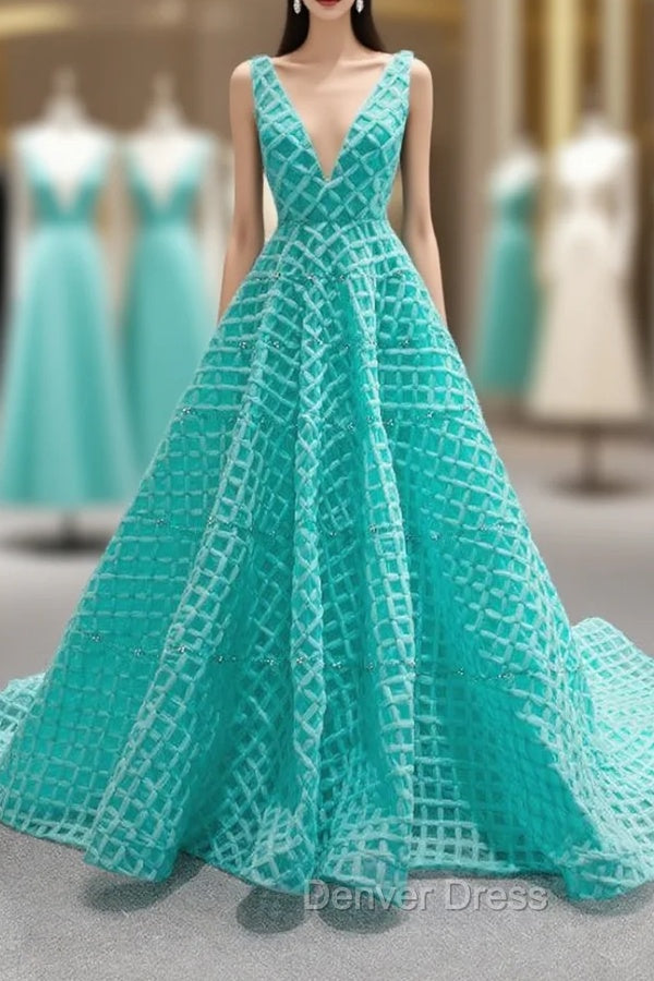 Blue Green V-neck Tulle Beading Prom Dresses Main image