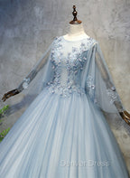 Blue Grey Ball Gowns Tulle Sweet 16 Dress with Lace, Long Prom Dresses