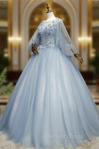 Blue Grey Ball Gowns Tulle Sweet 16 Dress with Lace, Long Prom Dresses