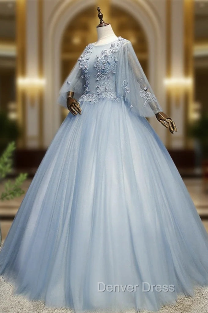 Blue Grey Ball Gowns Tulle Sweet 16 Dress with Lace, Long Prom Dresses