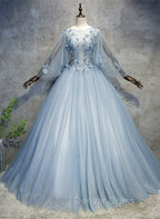 Blue Grey Ball Gowns Tulle Sweet 16 Dress with Lace, Long Prom Dresses