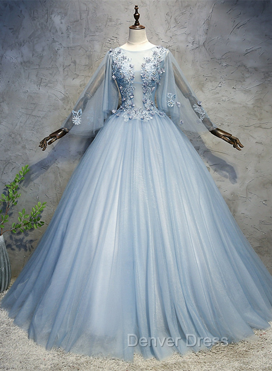 Blue Grey Ball Gowns Tulle Sweet 16 Dress with Lace, Long Prom Dresses