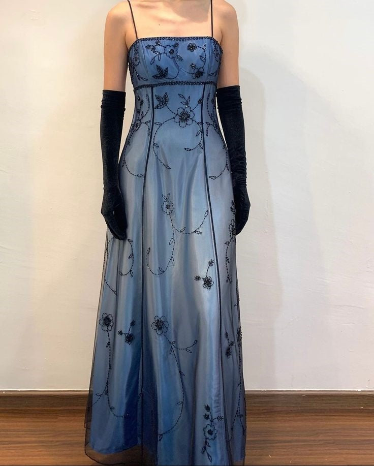 Blue/Grey Delicate Beaded Long Tulle Elegant Ball Gowns Prom Dress Prom Birthday Prom Dress Main image