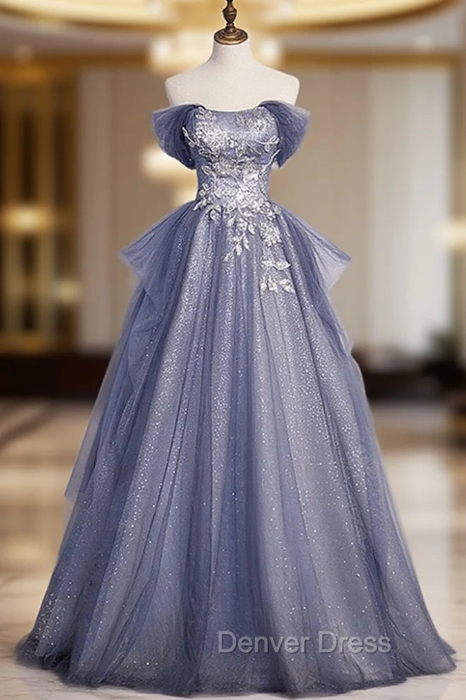 Blue-Grey Long A-line Off Shoulder Party Dresses, New A-line Prom Dresses Evening Dresses Main image