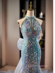 Blue Halter Beading Sequin Mermaid Prom Dress With Detachable Bow