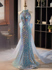 Blue Halter Beading Sequin Mermaid Prom Dress With Detachable Bow