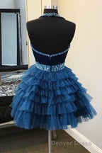 Blue Halter Multi Layered Tulle Homecoming Dresses