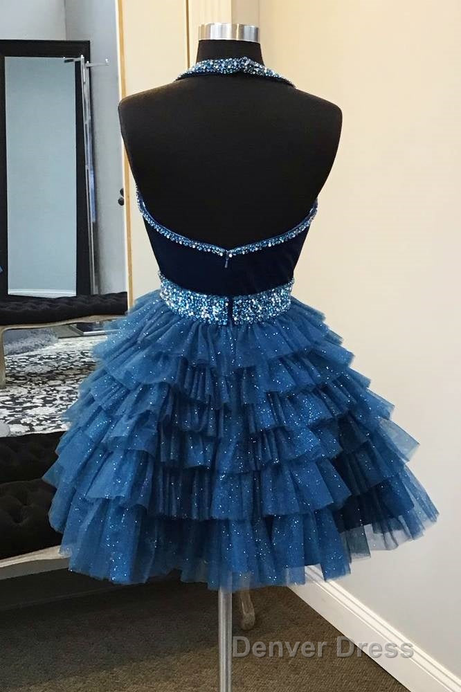 Blue Halter Multi Layered Tulle Homecoming Dresses